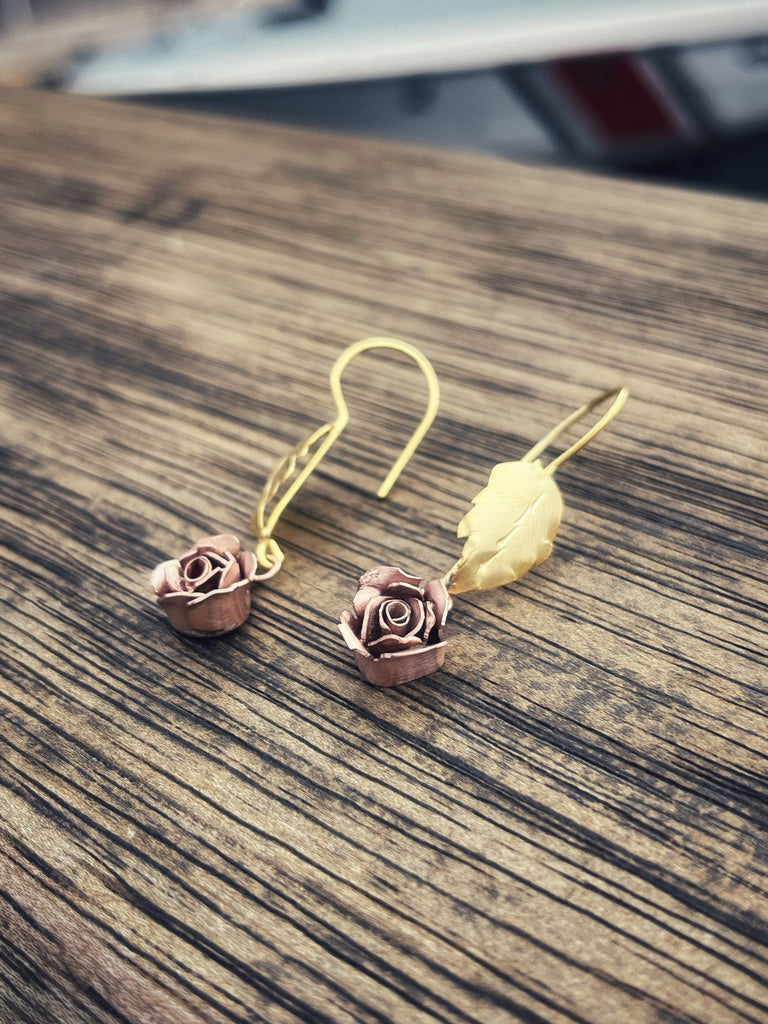 Rose and Leaf Dangle Earrings, Sterling Silver Flower Earring Set, Floral Earrings, Gold Flower Earring, Romantic Gift for Her, Rose Jewelry